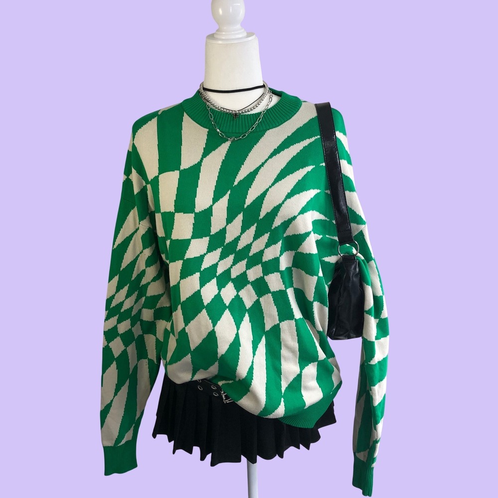 Edikted Green Warped Checkerboard Oversized Sweater Trippy Y2K Womens XS / S